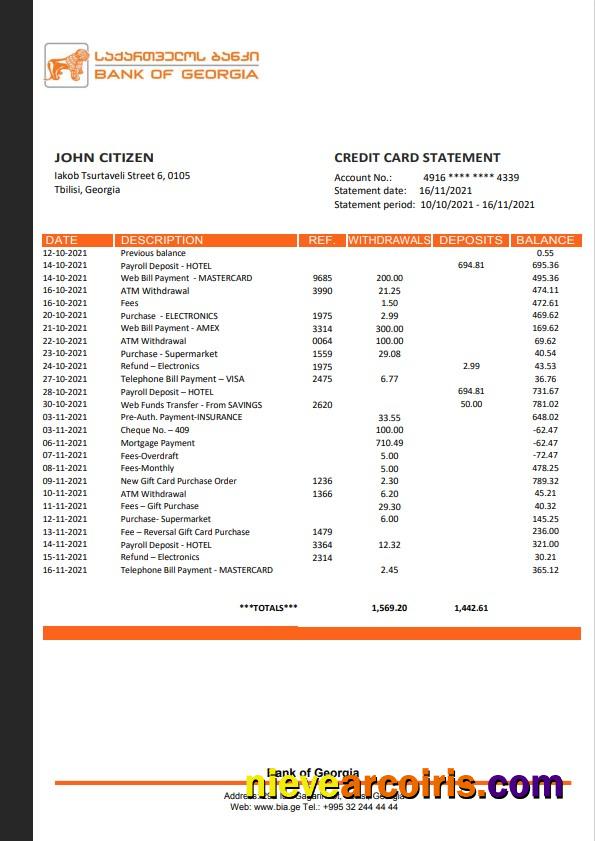 Georgia Bank of Georgia Bank statement, Word and PDF format